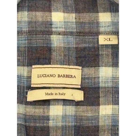Luciano Barbera XL Mens Linen Button Down UP Shirt Plaid Blue White Print Worn 1 - Picture 5 of 5